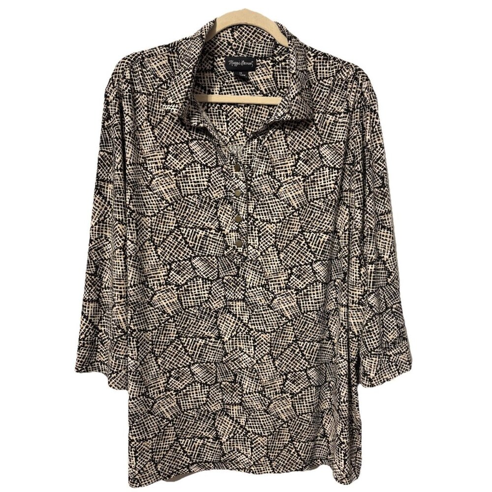 Maggie Barnes Top Womens 1X V Neck 3/4 Sleeves Stretch Tunic Plus Blouse Collar